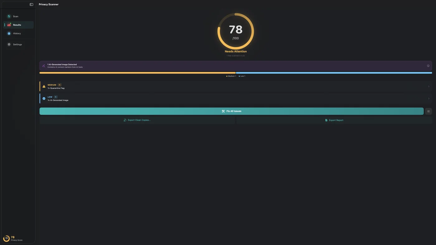 Privacy Scanner detecting AI-generated image with C2PA badge
