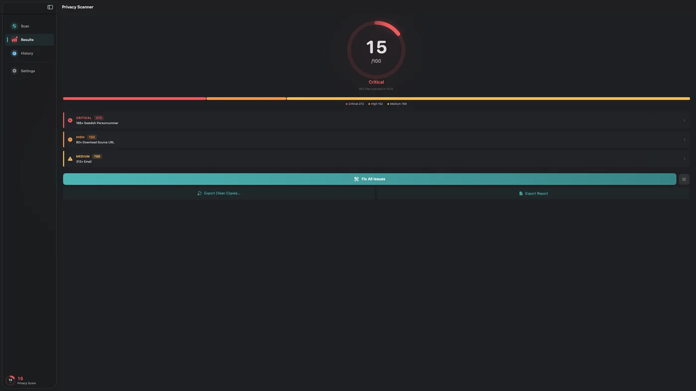 Privacy Scanner found 272 critical issues including 168 Swedish personal ID numbers