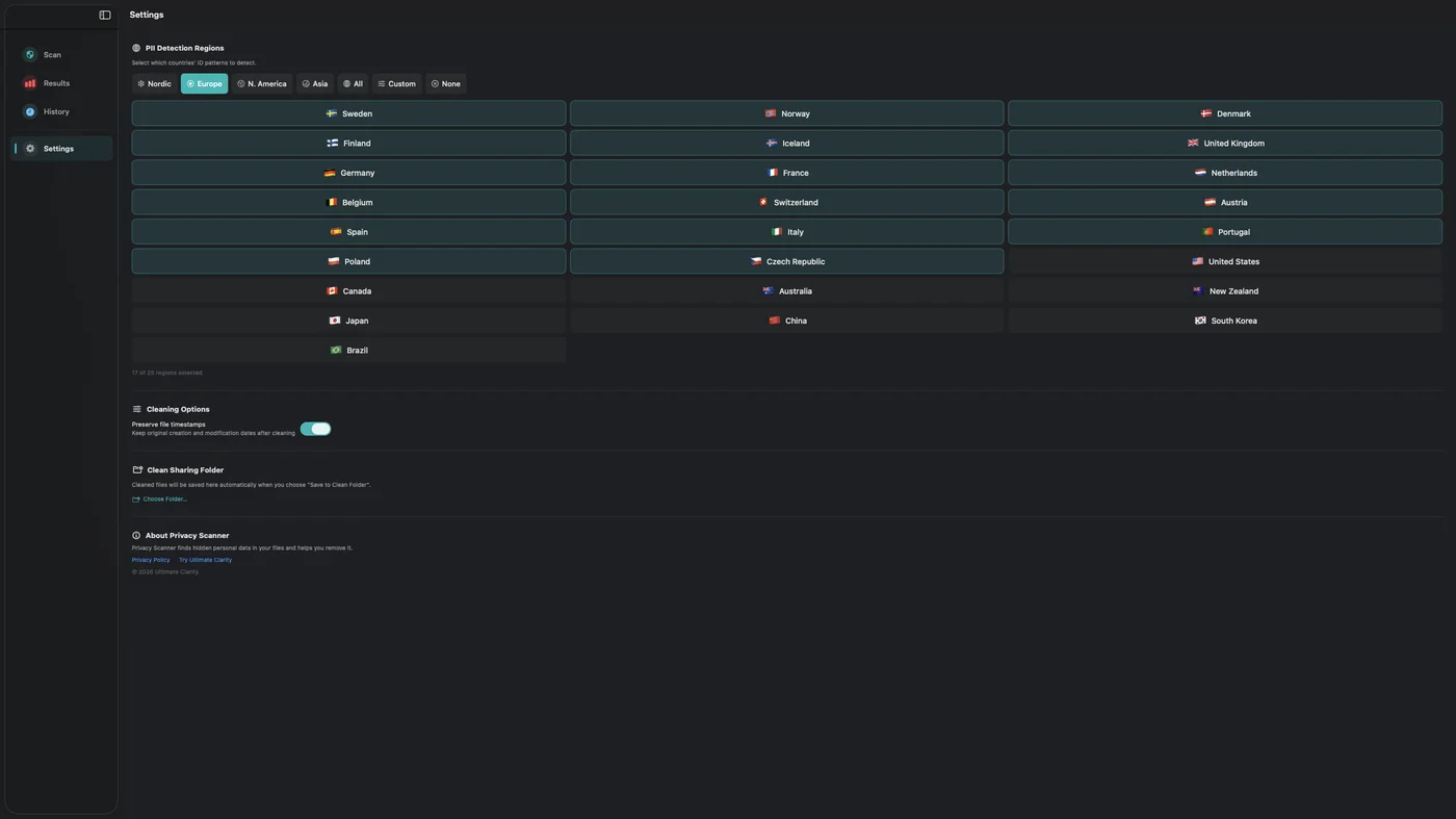 Privacy Scanner settings showing 25 country flags with region presets