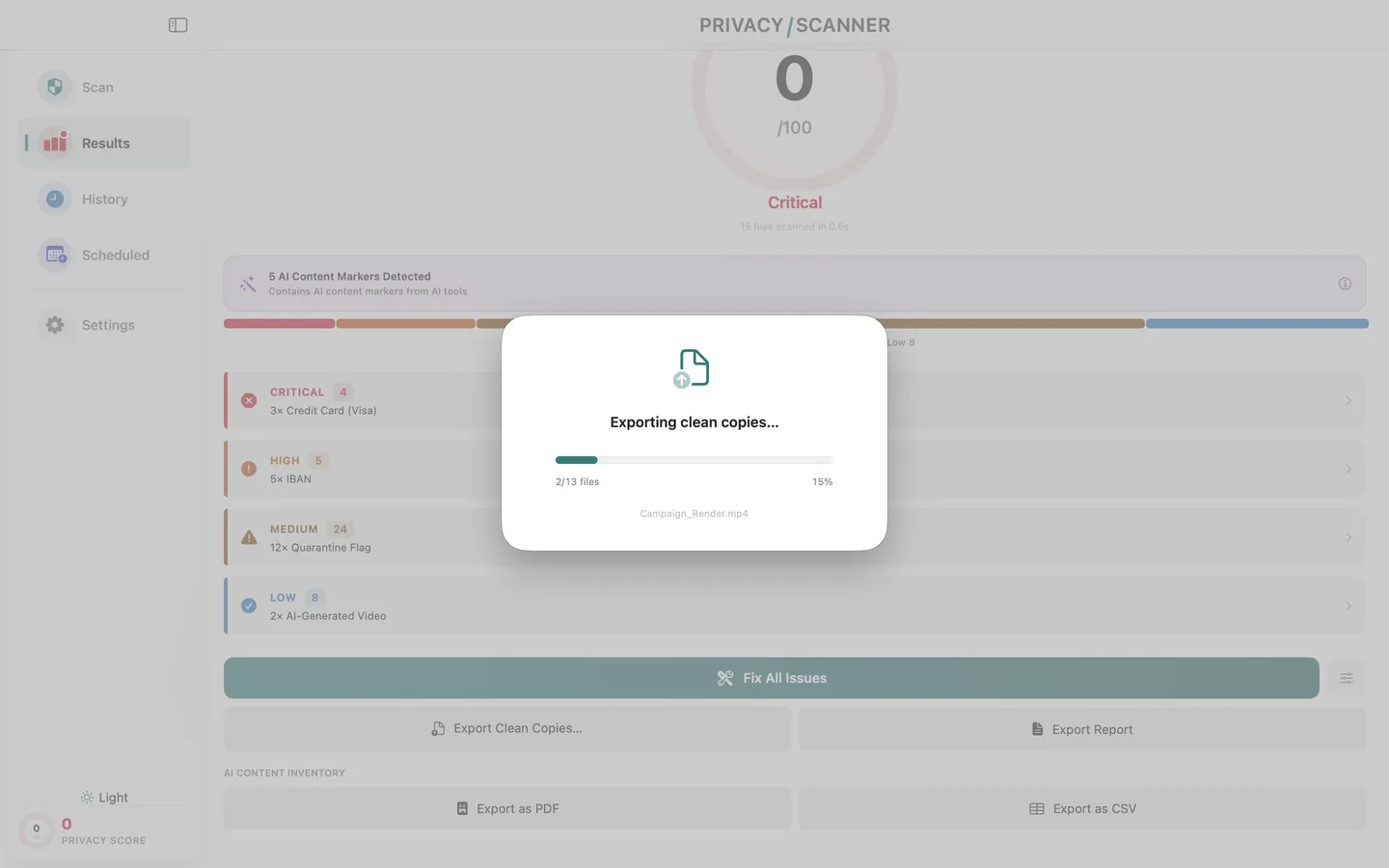 Privacy Scanner exporting clean copies of thirteen files, including a video, with a progress bar, shown in light mode.