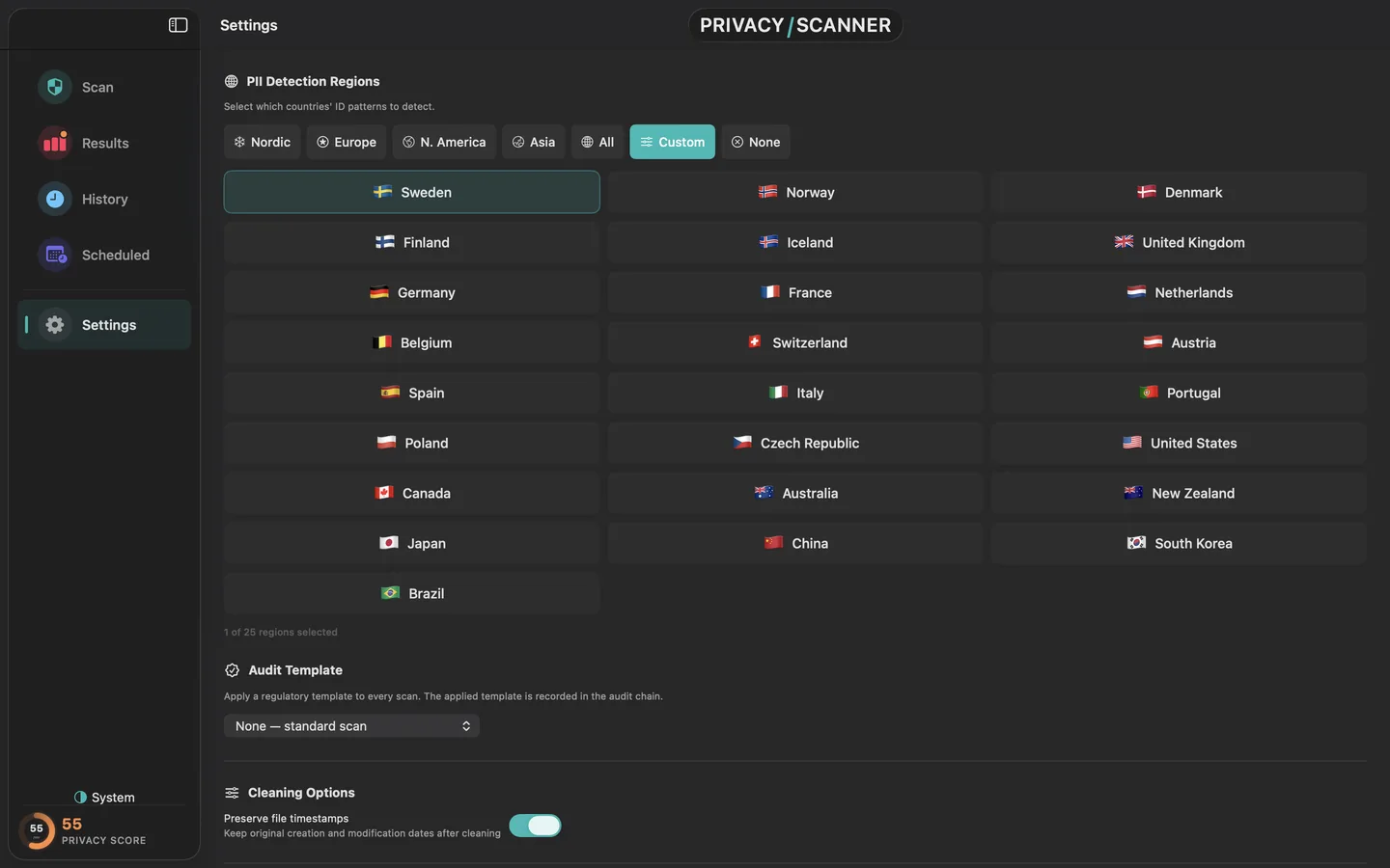 Privacy Scanner settings on macOS showing PII detection regions for 25 countries, with country flags and quick presets like Nordic, Europe, and All.