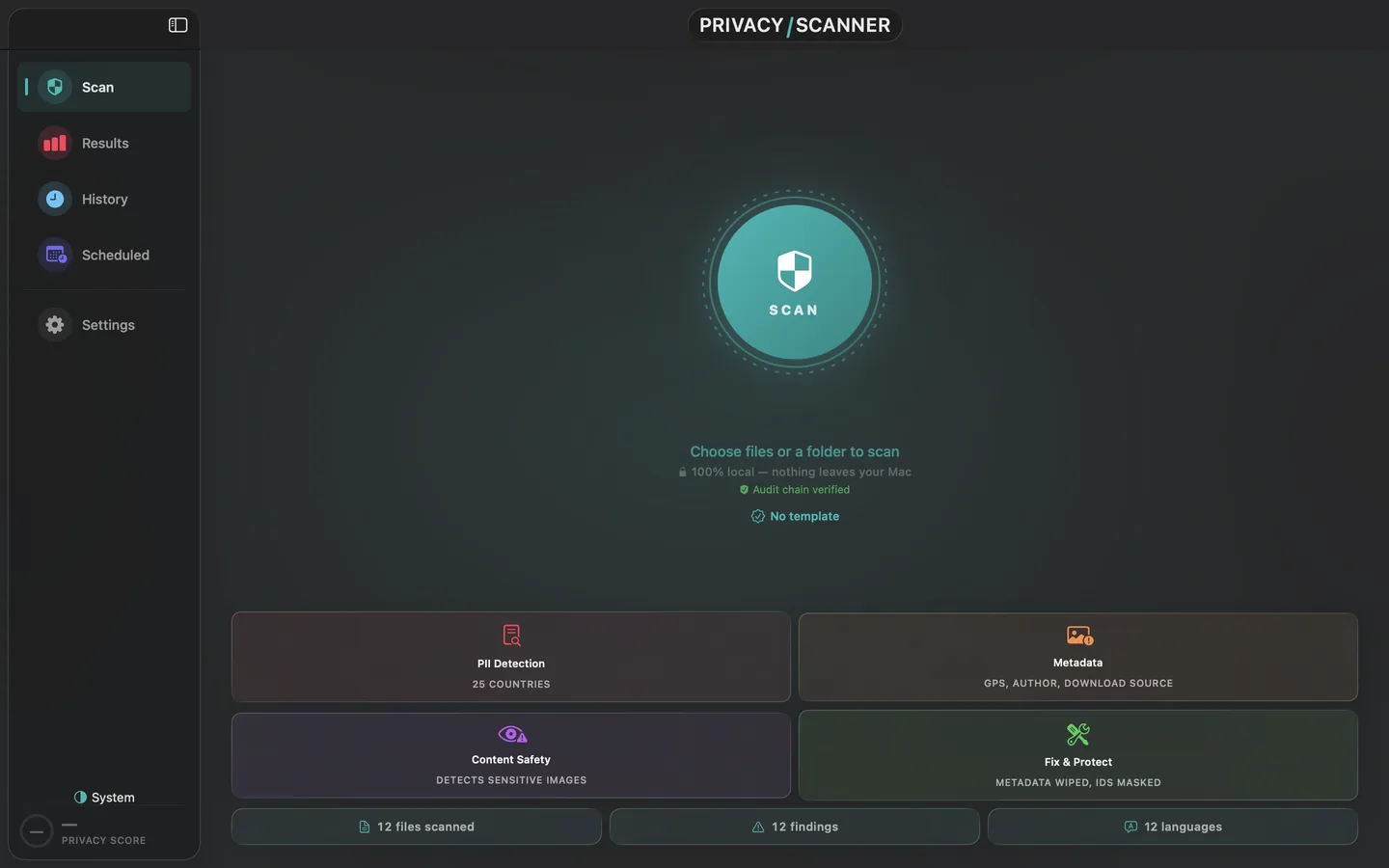 Privacy Scanner start view on macOS, with a large Scan button, the note that everything runs 100% locally and nothing leaves your Mac, a verified audit chain, and cards for PII detection, metadata, content safety, and Fix and Protect.