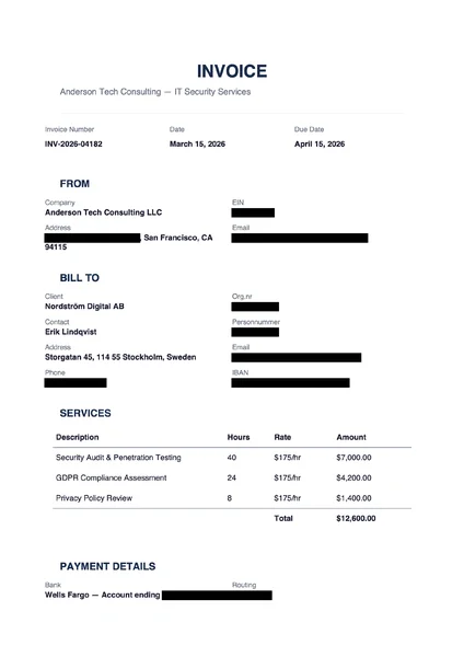 Same invoice with all personal data permanently redacted