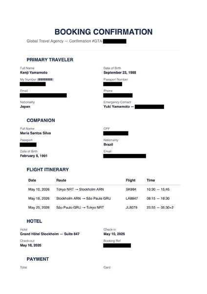 Same travel itinerary with passenger name, passport number, booking code, and home address replaced by solid black redaction bars.